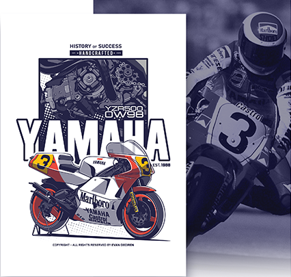 amaha YZR500 OW98 1988 Eddie Lawson illustration poster – Evan DeCiren artwork