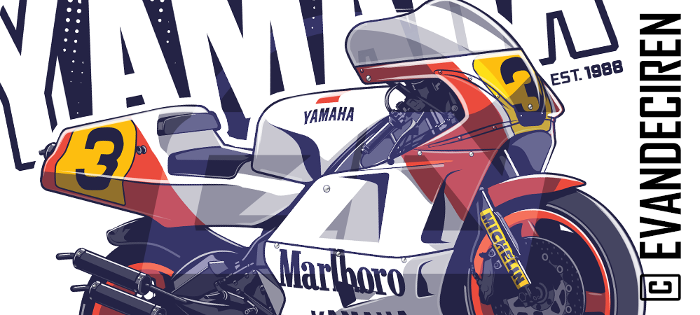 amaha YZR500 OW98 1988 Eddie Lawson detailed illustration – racing livery number 3