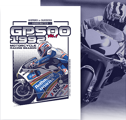 Motorcycle racing season 1992 artwork poster with Mick Doohan riding Rothmans Honda NSR500 – Evan DeCiren design