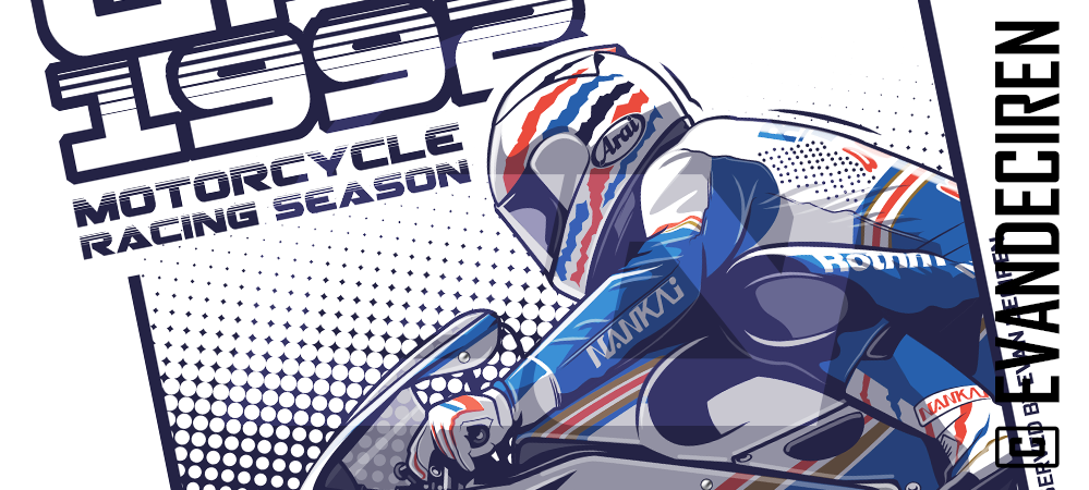 Detail view of Motorcycle racing season 1992 illustration with Mick Doohan on Rothmans Honda by Evan DeCiren