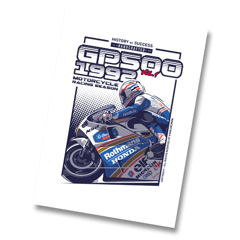 Motorcycle racing season 1992 poster featuring Mick Doohan on Rothmans Honda NSR500 by Evan DeCiren