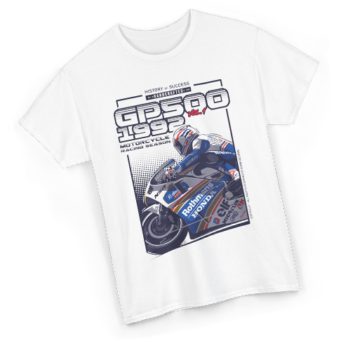 White T-shirt with Motorcycle racing season 1992 illustration of Mick Doohan on Rothmans Honda by Evan DeCiren