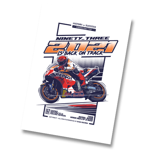 Marc Marquez 2021 Is Back poster artwork MotoGP by Evan DeCiren.