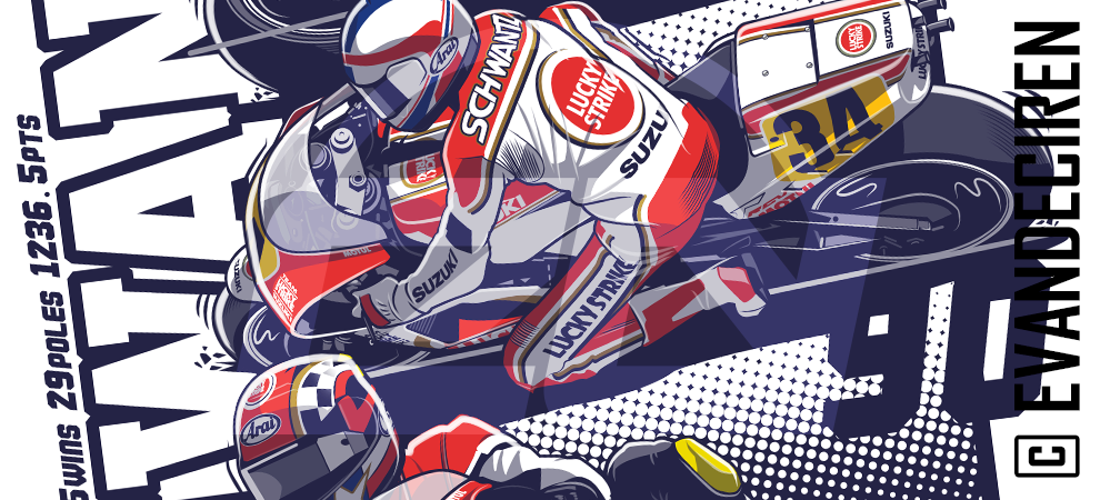 Text: Kevin Schwantz Suzuki RGV500 racing illustration The 34 Legend
