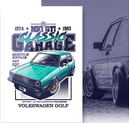 Volkswagen Golf MK1 GTI 1983 Classic Garage illustration poster by Evan DeCiren