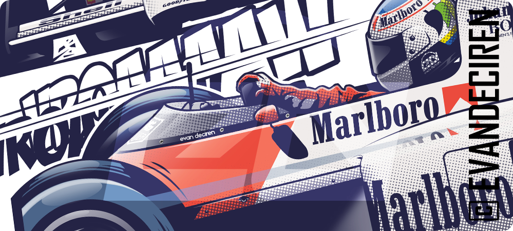 Detailed illustration Stefan Johansson 1987 McLaren MP4/3 rear view by Evan DeCiren