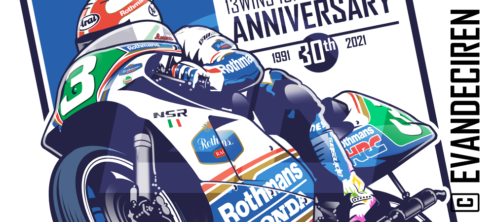 Detail of Luca Cadalora on the 1991 Honda NSR250 Rothmans livery – Evan DeCiren artwork.