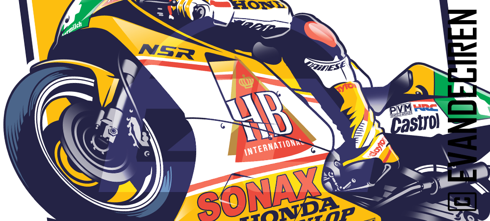 Detail of Helmut Bradl 1991 Honda NSR250 illustration with HB International livery