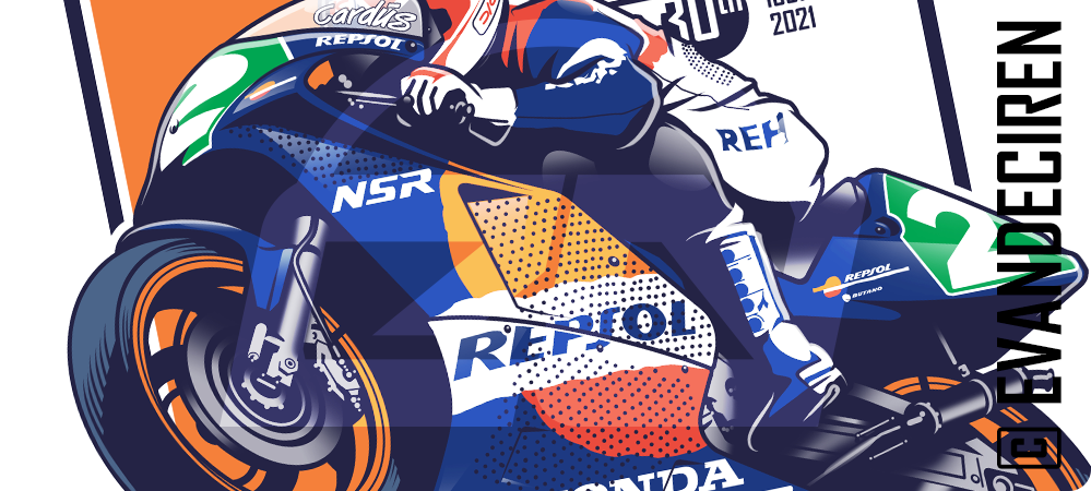 Close-up illustration of Carlos Cardus on the 1991 Honda NSR250 Repsol, detailed racing artwork.