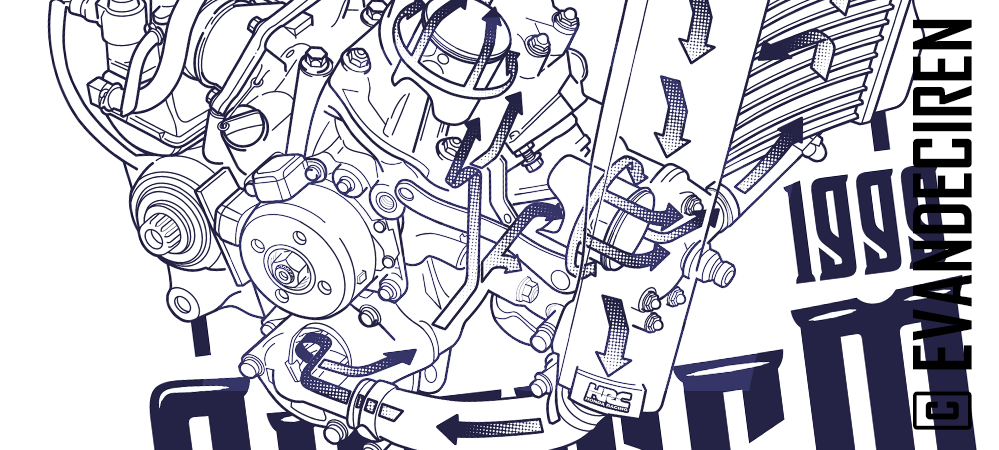 Honda RS250R 1999 engine cooling system illustration with flow arrows