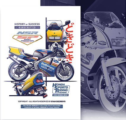 Honda NSR 1992 MC21 Sports Riding School – illustrated poster by Evan DeCiren featuring Rothmans Honda in detailed graphic style.