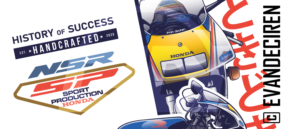 Close-up artwork details of Honda NSR 1992 MC21 Sports Riding School illustration by Evan DeCiren.