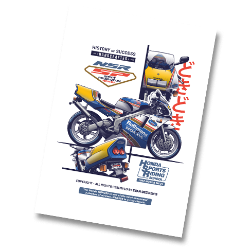 Main poster design of Honda NSR 1992 MC21 Sports Riding School – illustrated by Evan DeCiren.