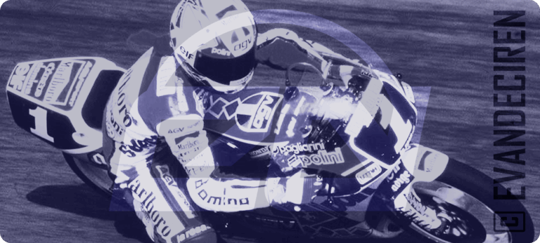 Illustration of Loris Capirossi riding the Honda RS125R 1991 – Team Pileri, detailed motorsport artwork by Evan DeCiren capturing the precision and spirit of the 2-stroke Grand Prix era.