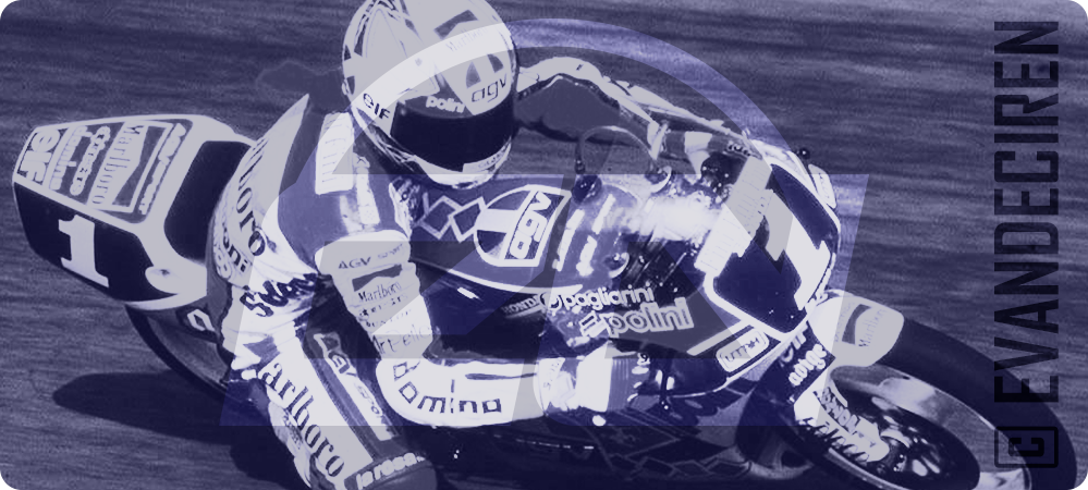 Illustration of Loris Capirossi riding the Honda RS125R 1991 – Team Pileri, detailed motorsport artwork by Evan DeCiren capturing the precision and spirit of the 2-stroke Grand Prix era.