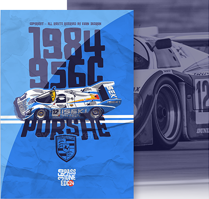 Porsche 956C 1984 poster illustration by Evan DeCiren – ISEKI livery in blue background, 360Passione Edition.