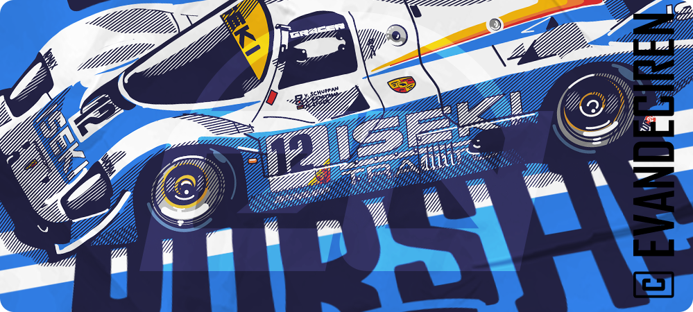 Close-up of the illustrated Porsche 956C ISEKI 1984 by Evan DeCiren – digital motorsport art.
