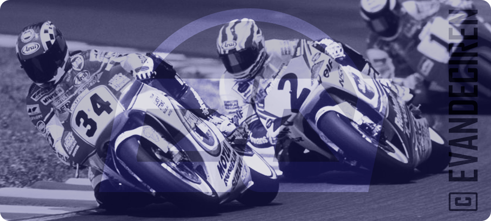 Kevin Schwantz and Mick Doohan battling in the 500cc World Championship during the Golden Era of the 1990s, symbolizing the spirit of MotoGP legends.