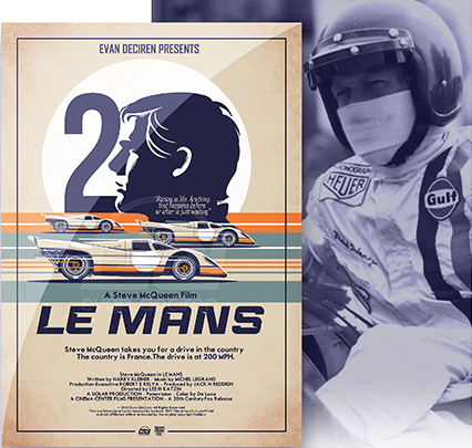 Steve McQueen 1971 Le Mans poster by Evan DeCiren – vintage racing illustration celebrating the Porsche 917 and the legendary film.