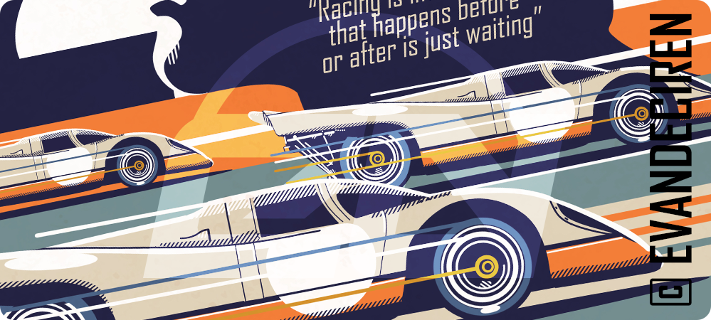 Detail from Evan DeCiren’s Le Mans poster featuring Porsche 917s in motion and Steve McQueen’s legendary racing quote.