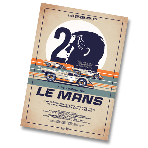 Vintage art poster by Evan DeCiren for Steve McQueen’s 1971 Le Mans, featuring stylized Porsche 917s and retro colors.