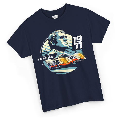 Navy blue T-shirt featuring Steve McQueen and Porsche 917 Le Mans 1971 design by Evan DeCiren.