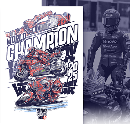 Marc Marquez 2025 World Champion poster by Evan DeCiren – dynamic MotoGP artwork celebrating Ducati’s 2025 title.