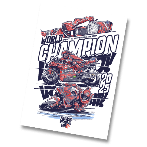 Marc Marquez 2025 World Champion poster by Evan DeCiren – Ducati MotoGP illustration in bold composition.