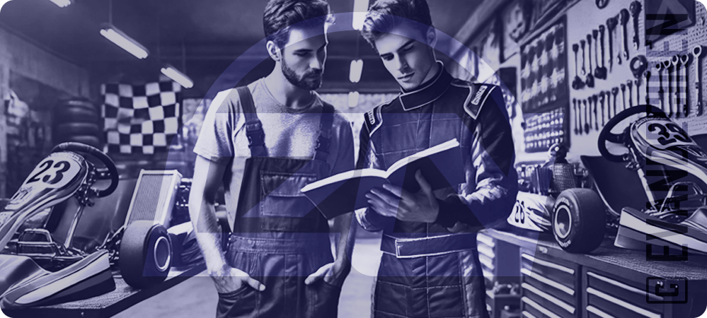 Advice: 5 Manuals of Karting – Two mechanics studying a kart manual inside a workshop, surrounded by racing karts and tools.