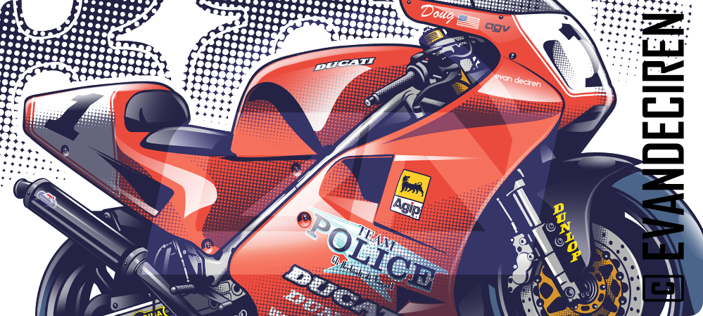 Ducati 888 illustration Doug Polen racing livery – Evan DeCiren
