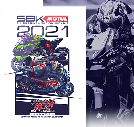 Superbike World Championship 2021 poster artwork featuring Kawasaki and Yamaha riders by Evan DeCiren.
