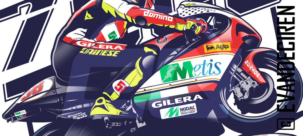 Marco Simoncelli racing on Gilera 250cc – 2008 illustration detail by Evan DeCiren