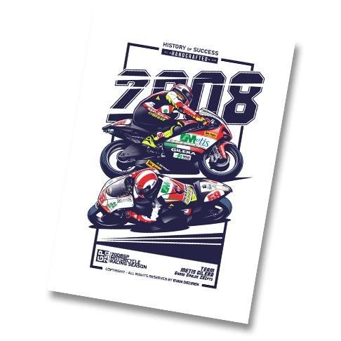 Marco Simoncelli 2008 Gilera 250cc racing poster – Handcrafted illustration by Evan DeCiren