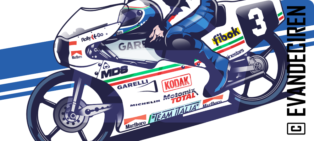 Detail of Fausto Gresini tribute illustration with Garelli 125cc livery | Evan DeCiren
