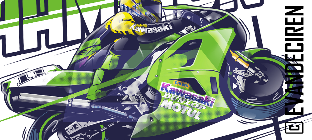Scott Russell Kawasaki ZX-7R Superbike 1993 illustration detail