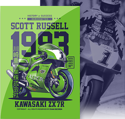 Kawasaki ZX-7R Muzzy 1993 Scott Russell poster illustration by Evan DeCiren