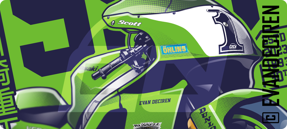Kawasaki ZX-7R Muzzy 1993 Scott Russell detailed illustration close-up by Evan DeCiren