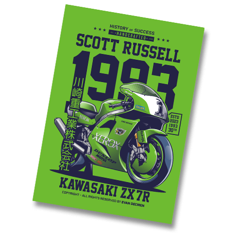 Kawasaki ZX-7R Muzzy 1993 Scott Russell graphic poster by Evan DeCiren