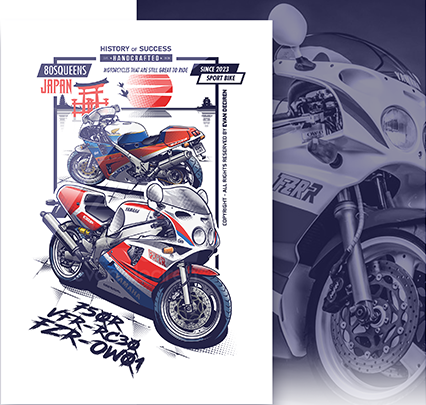 Honda VFR 750R RC30 and Yamaha FZR 750R OW01 illustration – iconic 1980s sport bikes artwork