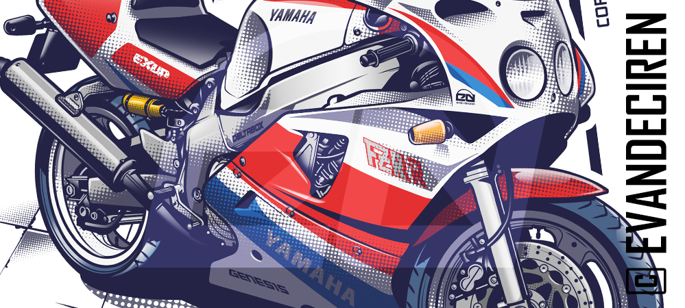 Yamaha FZR 750R OW01 detail illustration – 1980s sport bike legend