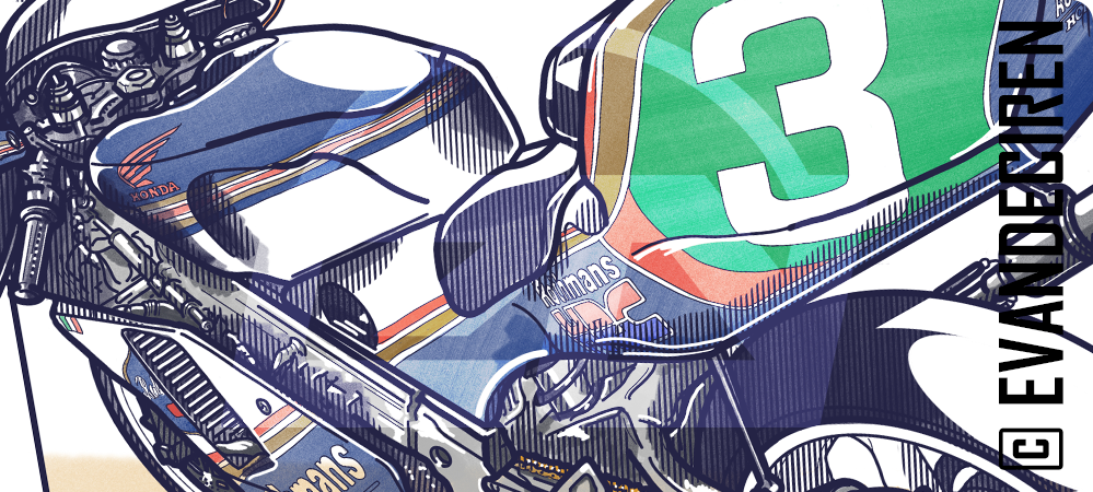 Honda NSR250 1991 Luca Cadalora detailed illustration rear view – Evan DeCiren