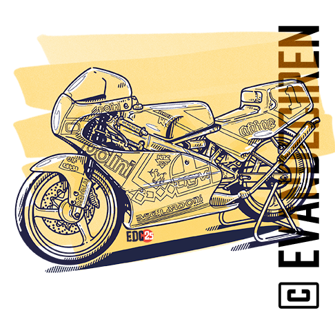 Side view of Honda RS125R 1991 AGV Pileri, illustrated in yellow and blue with technical linework.