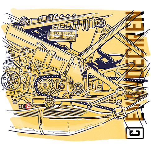 Detailed frame and engine structure of Honda RS125R 1991 with highlighted components. By Evan DeCiren
