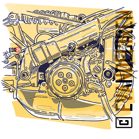 Close-up illustration of the Honda RS125R 1991 two-stroke engine assembly. By Evan DeCiren