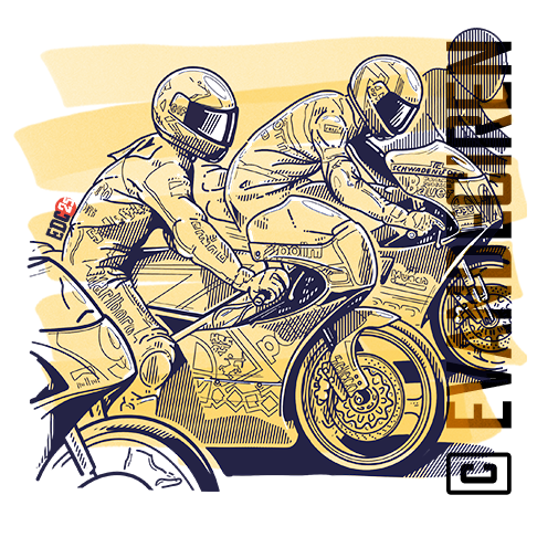 A close examination of the RS125R’s compact 2-stroke engine, revealing its clutch system, gearbox, and internal structure. The hand-drawn illustration celebrates the mechanical artistry behind Honda’s golden era of racing. By Evan DeCiren