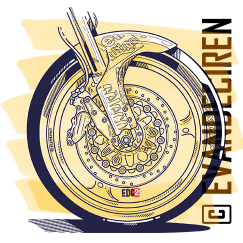 Front wheel and brake system of the Honda RS125R 1991 illustrated with technical precision. By Evan DeCiren