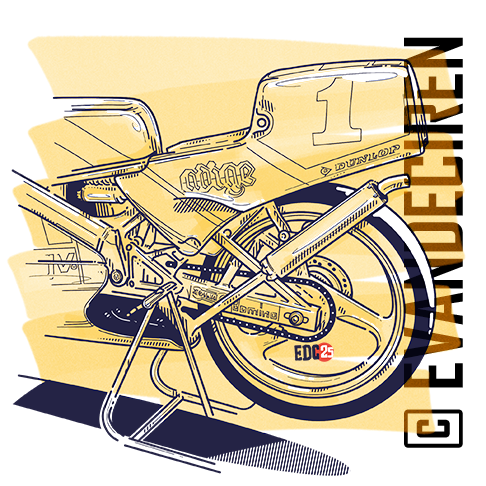 Rear suspension and swingarm of the Honda RS125R 1991 AGV Pileri, illustrated with yellow and blue linework. By Evan DeCiren