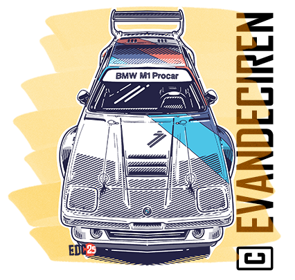 BMW M1 Procar front view illustration by Evan DeCiren – Illustrated Tech Analysis highlighting BMW Motorsport design.