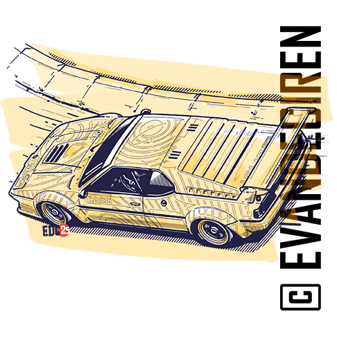 Top-down racing illustration of BMW M1 Procar by Evan DeCiren – aerodynamic flow and chassis design study.