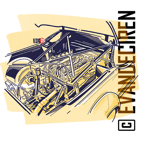 BMW M1 Procar rear chassis and engine bay illustrated by Evan DeCiren – technical cross-section.